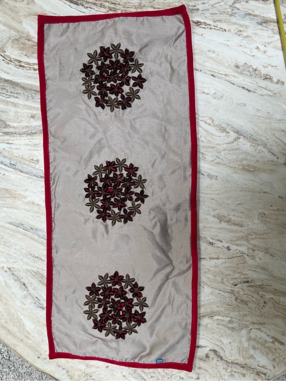 Embroidered Beige and Red Lumbar Pillow Cover (chartreuse back)handmade in India